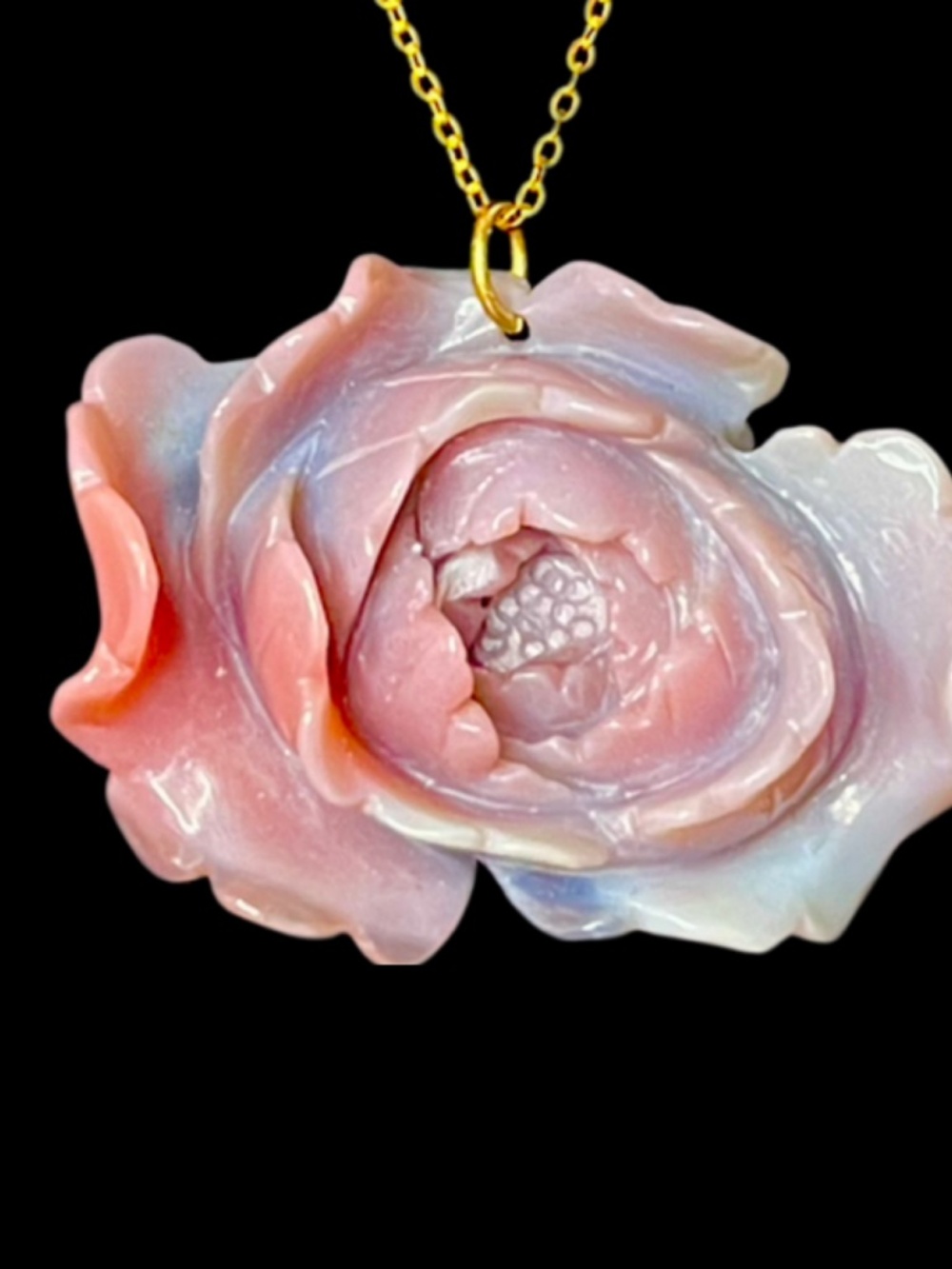 Handcarved Solid 1 Pc.of Genuine Chalcedony Peony on Gold Plated Chain
